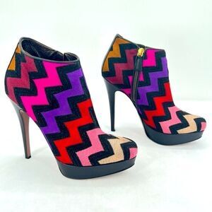 Missoni Platform Stiletto Rainbow Zig Zag Knit & Leather Ankle Bootie Size 8